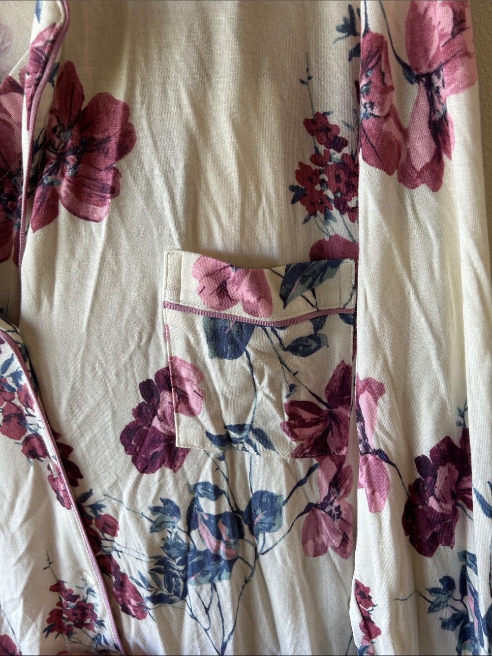Floral Long-Sleeve Pajama Set in Cream with Pink and Blue Flowers - Picture 6 of 9
